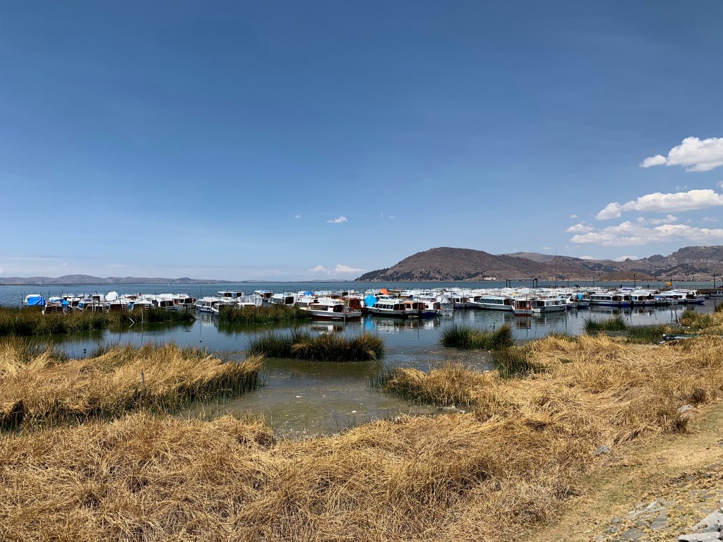 Tourist boats tied up on Lake Titicaca