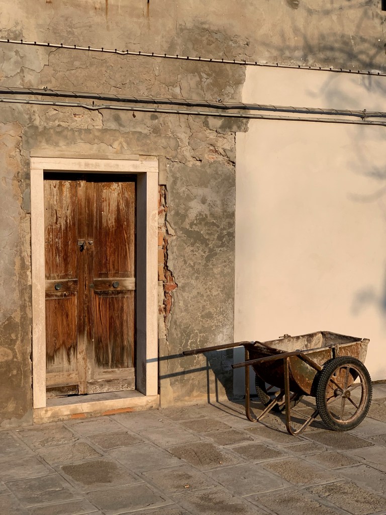 Closed wooden door and a wheelbarrow, Venice