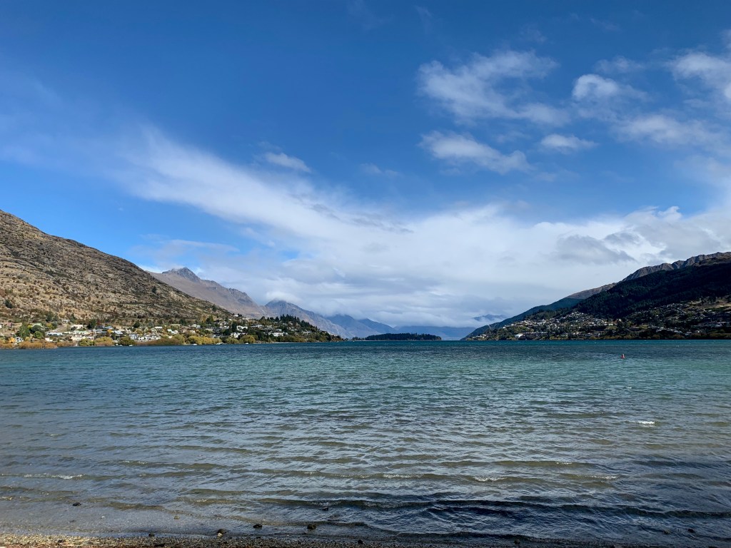 View from the beach of the Frankton Arm of Lake Wakatipu